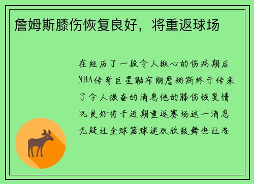 詹姆斯膝伤恢复良好，将重返球场